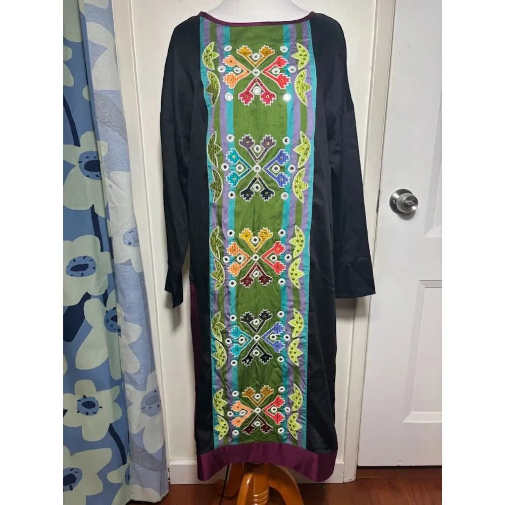 Gudrun Sjoden Dress Tunic Small Black embroidered Mirrored Lagenlook Art to Wear - Picture 3 of 8
